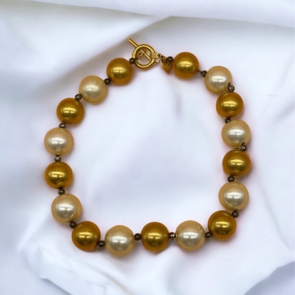 Anne Klein Vintage Hammered Gold Bead and Pearl Necklace